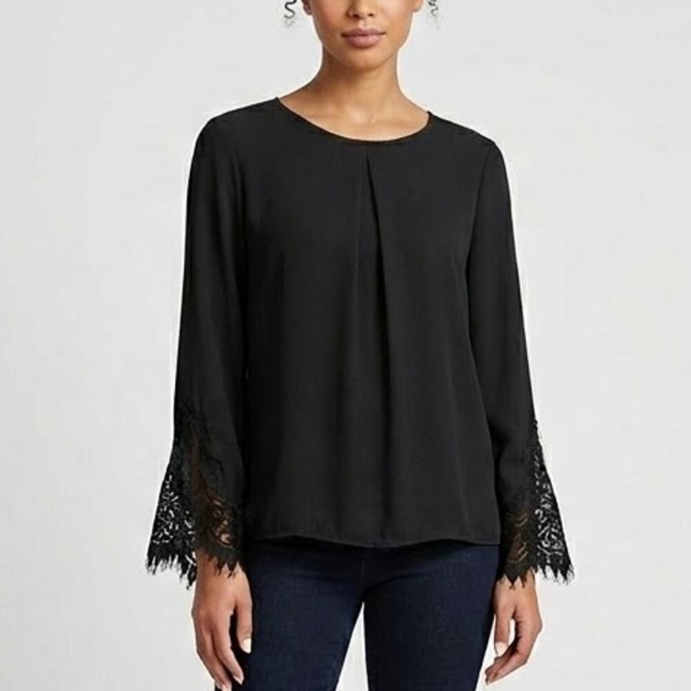 New York & Company Blouse Pleated Lace Trim Long Sleeve Top Black Womens Size S